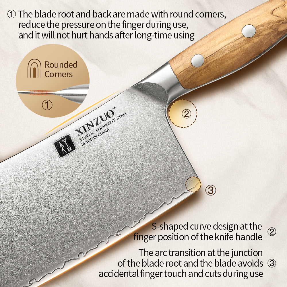 XINZUO Professional Chinese Bone Cleaver Knife - Triple-Layer Composited Steel with Olive Wood Handle, Razor Sharp & Ergonomic Design-PIN Series
