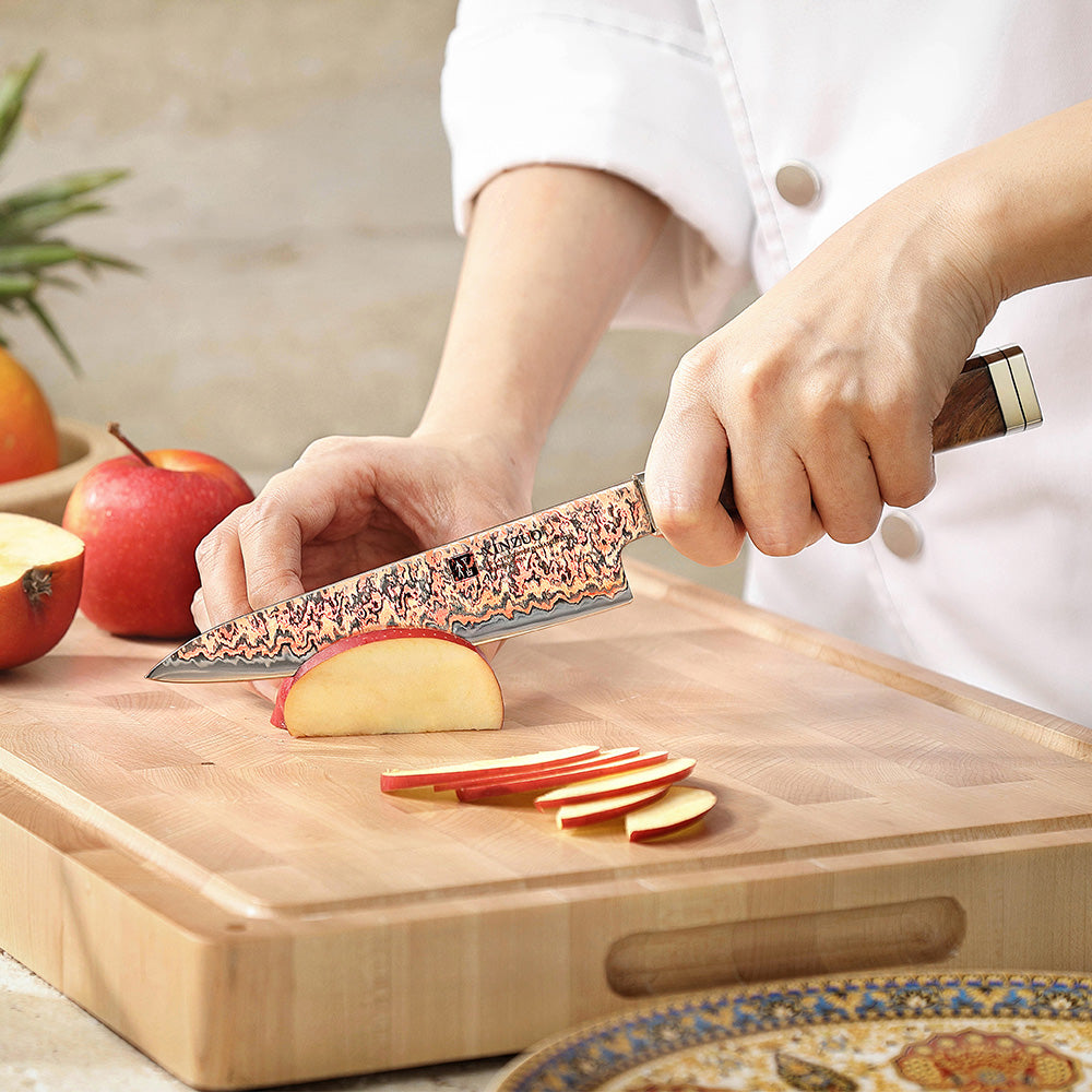 XINZUO 5.3 Inches Kitchen Utility Knife, 53-Layer Tri-Color Copper Damascus Steel,Rosewood Handle,Acacia Wooden Gift Box Packing