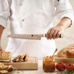 XINZUO 8.5 Inches Serrated Bread Knife, 53-Layer Tri-Color Copper Damascus Steel,Rosewood Handle,Acacia Wooden Gift Box Packing