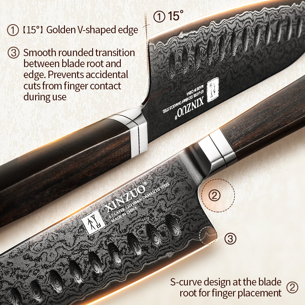 XINZUO Ji Series Japanese Santoku Knife 7.2 Inches,Damascus Steel Blade, with Exquisite Patterns, Presented in an Attractive Gift Box