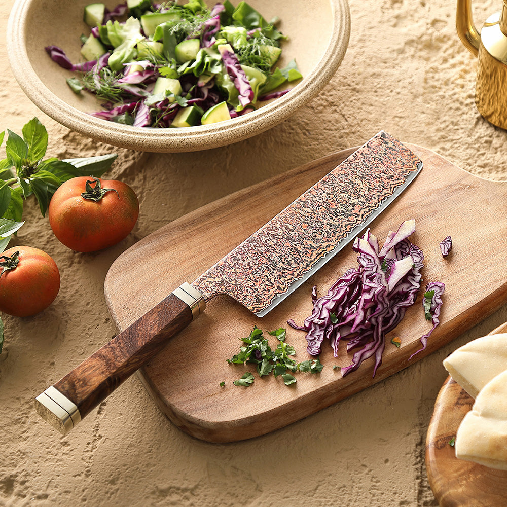 XINZUO 7.2 Inches Nakiri Knife, 53-Layer Tri-Color Copper Damascus Steel,Rosewood Handle,Acacia Wooden Gift Box Packing