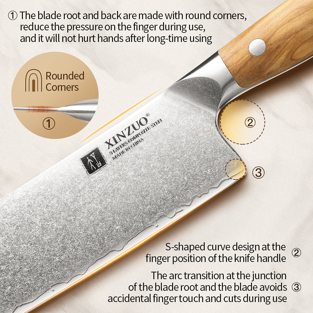 XINZUO Japanese Nakiri Knife - Triple-Layer Composited Steel with Olive Wood Handle, Razor Sharp & Ergonomic Design-PIN Series