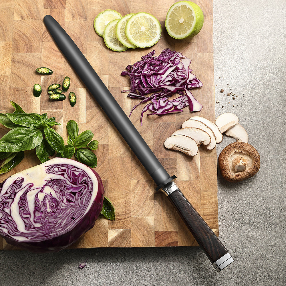 XINZUO Ji Series Premium Kitchen Sharpening Rod, Ergonomic Ebony Handle for Fast Blade Sharpening & Repair