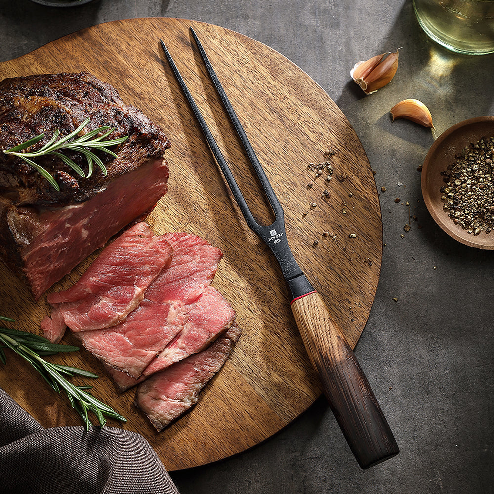 XINZUO 6 Inch Carving Fork with Burnt Oak Handle - Professional Meat Fork for Roasts, BBQ and Serving
