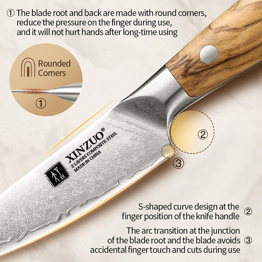 XINZUO 4.3 Inches Paring Knife - Triple-Layer Composited Steel with Olive Wood Handle, Razor Sharp & Ergonomic Design-PIN Series