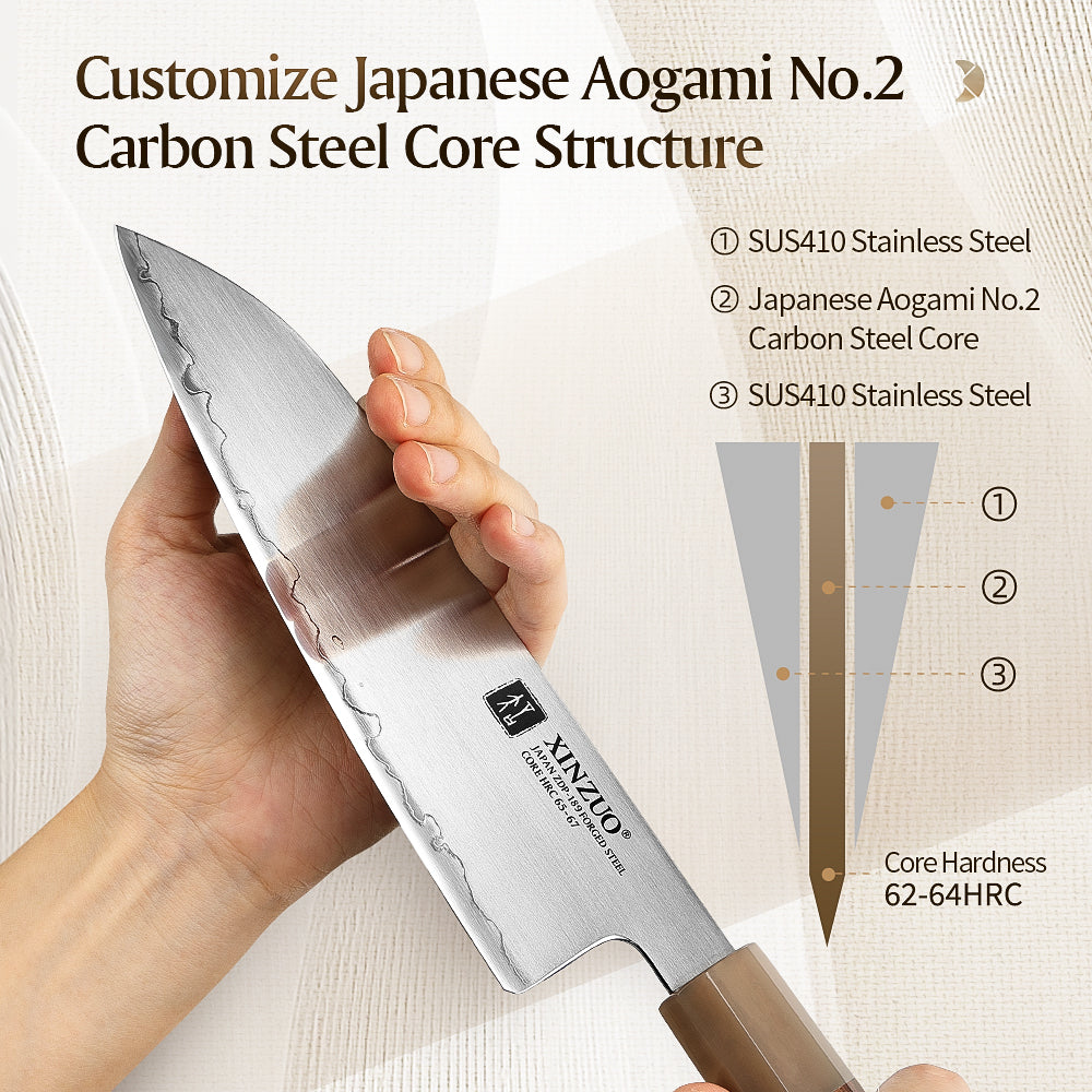 XINZUO 7.5 Inches Santoku Knife, Japanese Aogami #2 Steel, 62-64HRC, Ergonomic Octagonal Handle, Exquisite Gift-Ready Packaging