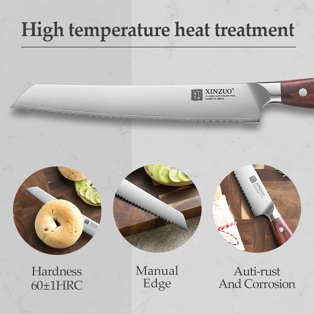 XINZUO 8.2 Inches Bread Knife 3 Layers Composite Steel 440C Steel Core With Nature Red Wood Handle
