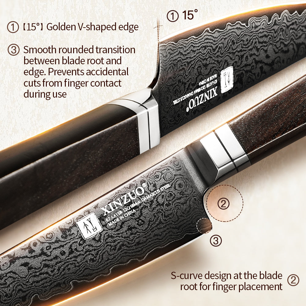 XINZUO Premium 5.3" Damascus Steel Utility Knife - 67 Layers Damascus Steel, 60±2 HRC, Black Titanium Plated, Full Tang, Professional Kitchen Knife