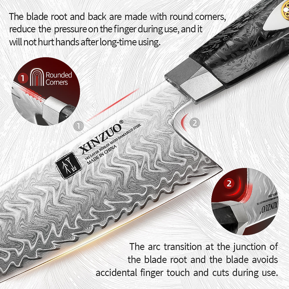 XINZUO Professional Chef Knife - Böhler M390 Powder Core, Water Wave Damascus Pattern, Comfort Grip Handle for Home & Restaurant Use