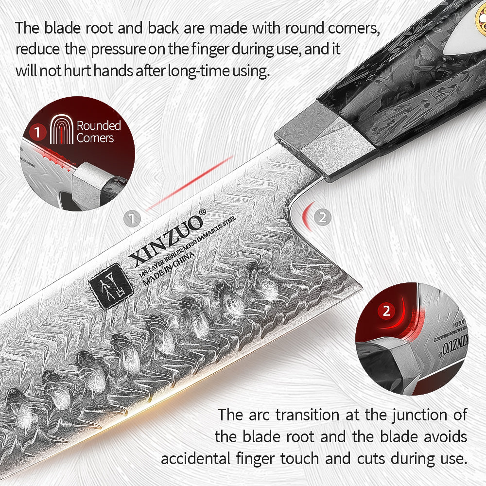 XINZUO 7PCS Knife Set 145-Layer M390 Damascus Steel Kitchen Knife – 60-62HRC Hardness, Black Carbon Fiber Handle