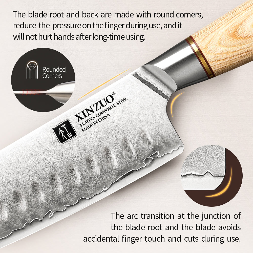 XINZUO Lan Series 3-layer Composite Steel Santoku Knife