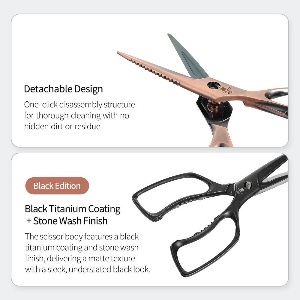XINZUO 5Cr15 Stainless Steel Multifunctional Kitchen Scissors – One-Piece Solid Construction, Detachable & Ergonomic (Black/Silver/Bronze)