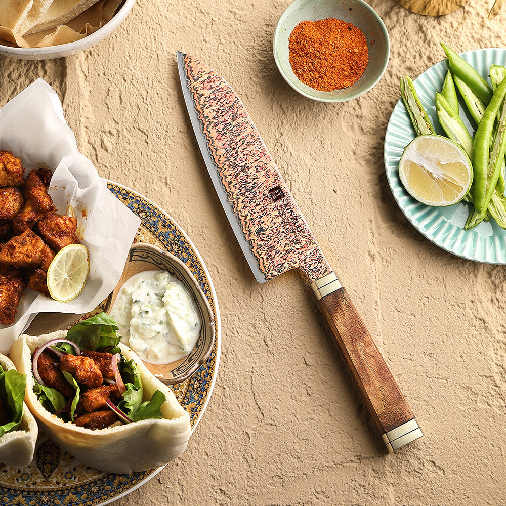 XINZUO 7 Inches Santoku Knife, 53-Layer Tri-Color Copper Damascus Steel,Rosewood Handle,Acacia Wooden Gift Box Packing