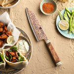 XINZUO 7 Inches Santoku Knife, 53-Layer Tri-Color Copper Damascus Steel,Rosewood Handle,Acacia Wooden Gift Box Packing