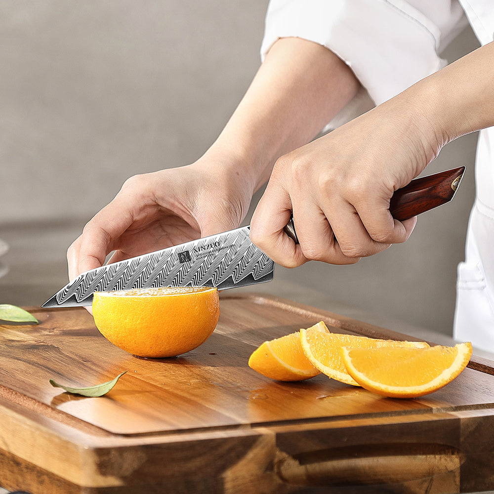 XINZUO Xing Series Hand-forged 5.1 Inches Utility Knife 73-Layer Pattern Damascus Steel - Ultra-Sharp Multi-Purpose Cooking Knife