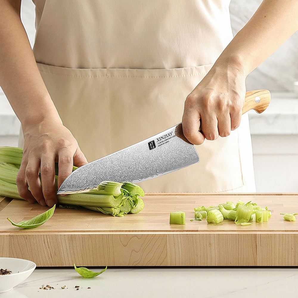 XINZUO 5PCS Kitchen Knife Set(Granton Chef, Santoku, Bread, Utility & Paring Knives) - Triple-Layer Composited Steel with Olive Wood Handle, Razor Sharp & Ergonomic Design-PIN Series