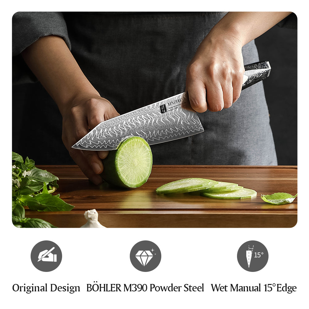 XINZUO 7PCS Knife Set 145-Layer M390 Damascus Steel Kitchen Knife – 60-62HRC Hardness, Black Carbon Fiber Handle