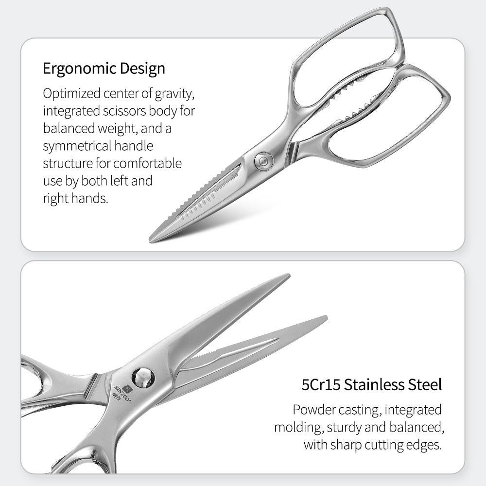 XINZUO 5Cr15 Stainless Steel Multifunctional Kitchen Scissors – One-Piece Solid Construction, Detachable & Ergonomic (Black/Silver/Bronze)