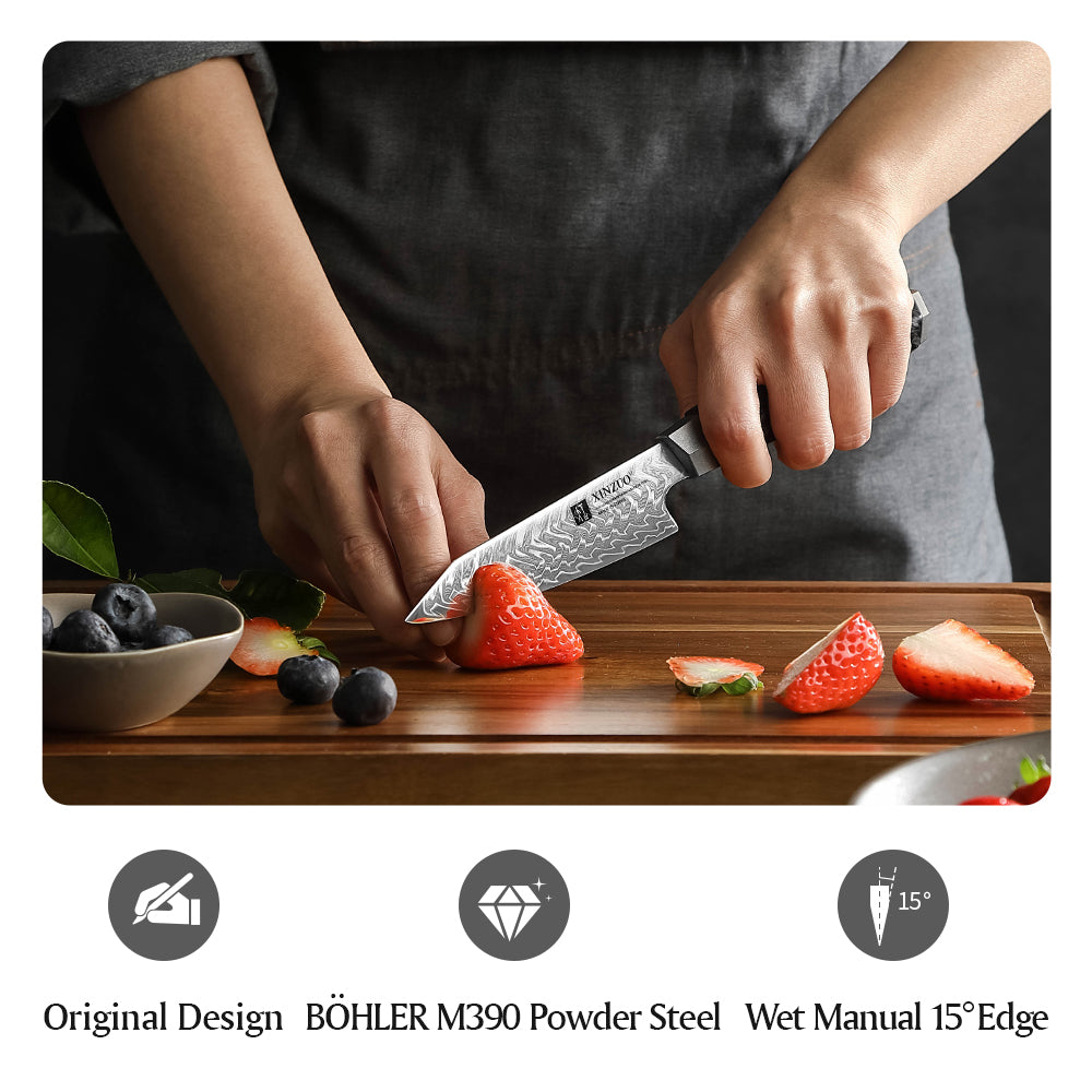 XINZUO 4.5 Inches Paring Knife M390 Damascus Chef Knife | 145 Layers Forged Blade & Carbon Fiber Handle