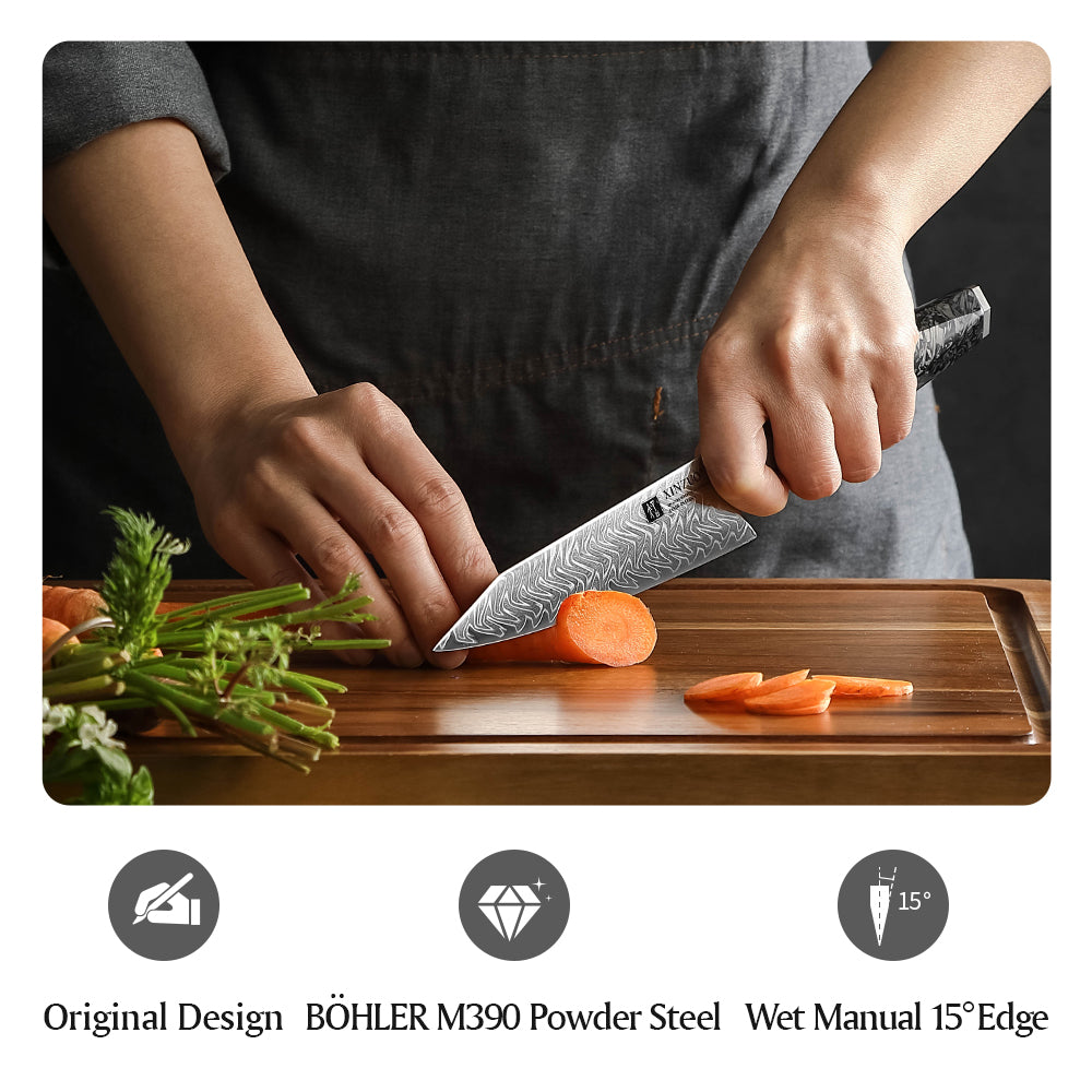 XINZUO Utility Knife Premium M390 Powder Steel With Damascus Pattern Multi-purpose Kitchen Knife Sharp and Durable