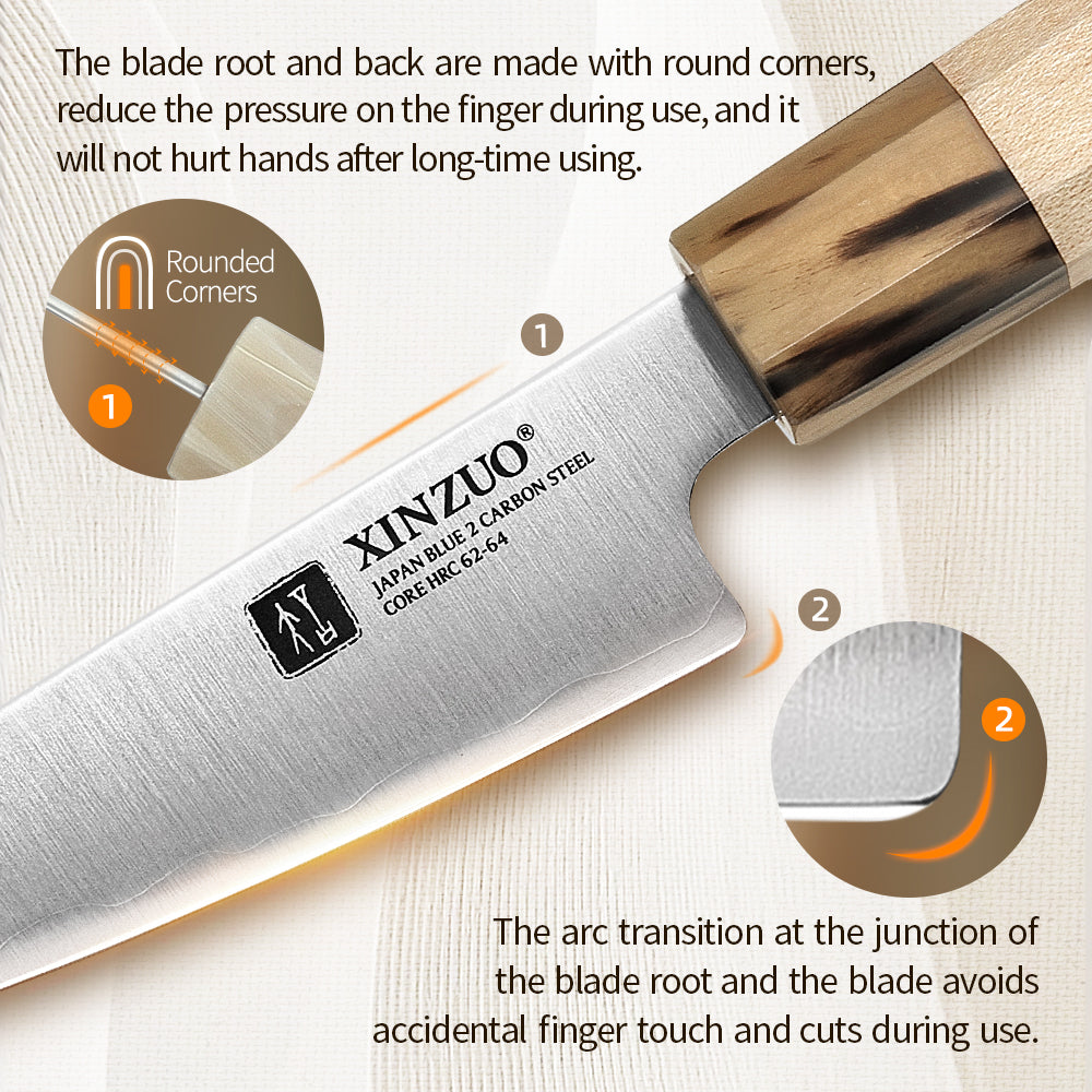 XINZUO Paring Knife Aogami No.2 Composite Steel, 3-Layer Sanyo Riki Blade 62-64HRC, Japanese Kitchen Knife