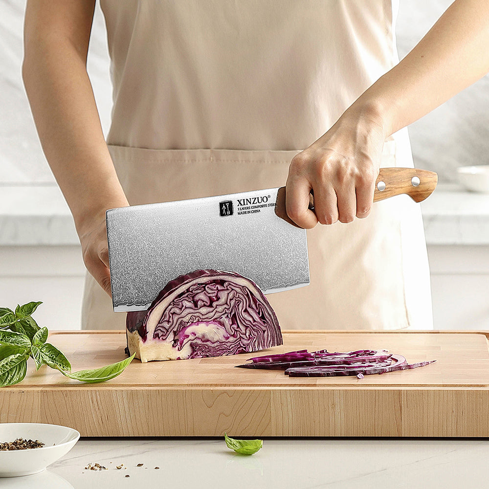 XINZUO Professional Chinese Meat Cleaver Knife - Triple-Layer Composited Steel with Olive Wood Handle, Razor Sharp & Ergonomic Design-PIN Series