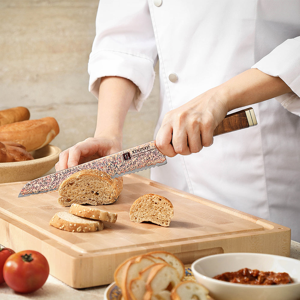 XINZUO 8.5 Inches Serrated Bread Knife, 53-Layer Tri-Color Copper Damascus Steel,Rosewood Handle,Acacia Wooden Gift Box Packing