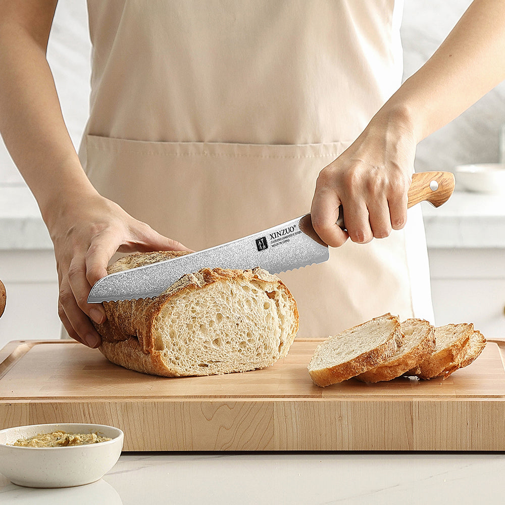 XINZUO Serrated Bread Knife - Triple-Layer Composited Steel with Olive Wood Handle, Razor Sharp & Ergonomic Design-PIN Series