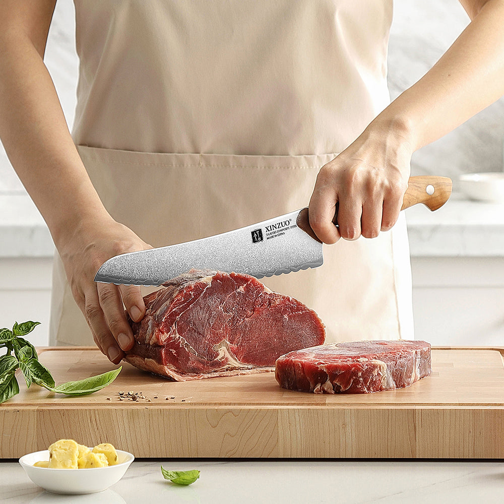 XINZUO Serrated Frozen Food Knife - Triple-Layer Composited Steel with Olive Wood Handle, Razor Sharp & Ergonomic Design-PIN Series