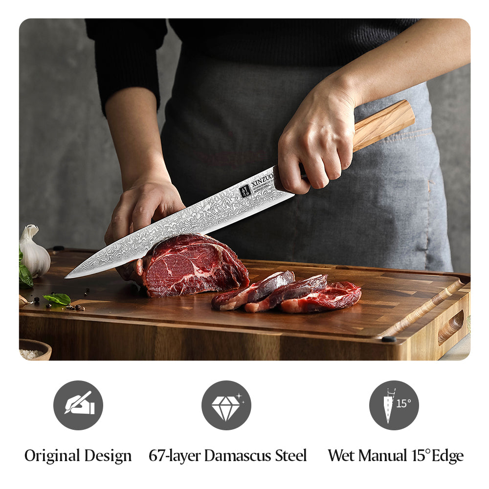 XINZUO 10 Inch Carving Knife, Custom 67‑Layer Damascus Steel Slicing Knife,15°±1 Per Side Sharp Edge, Premium Olive Wood & Buffalo Horn Handle