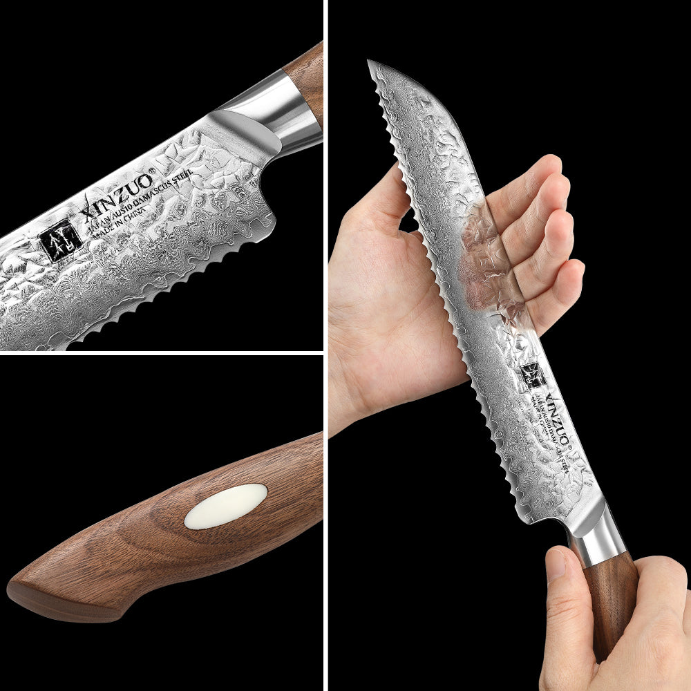 XINZUO 8 Inches 67 Layers Japanese AUS-10 Damascus Steel Serrated Knife/Bread Knife-Jiang Series