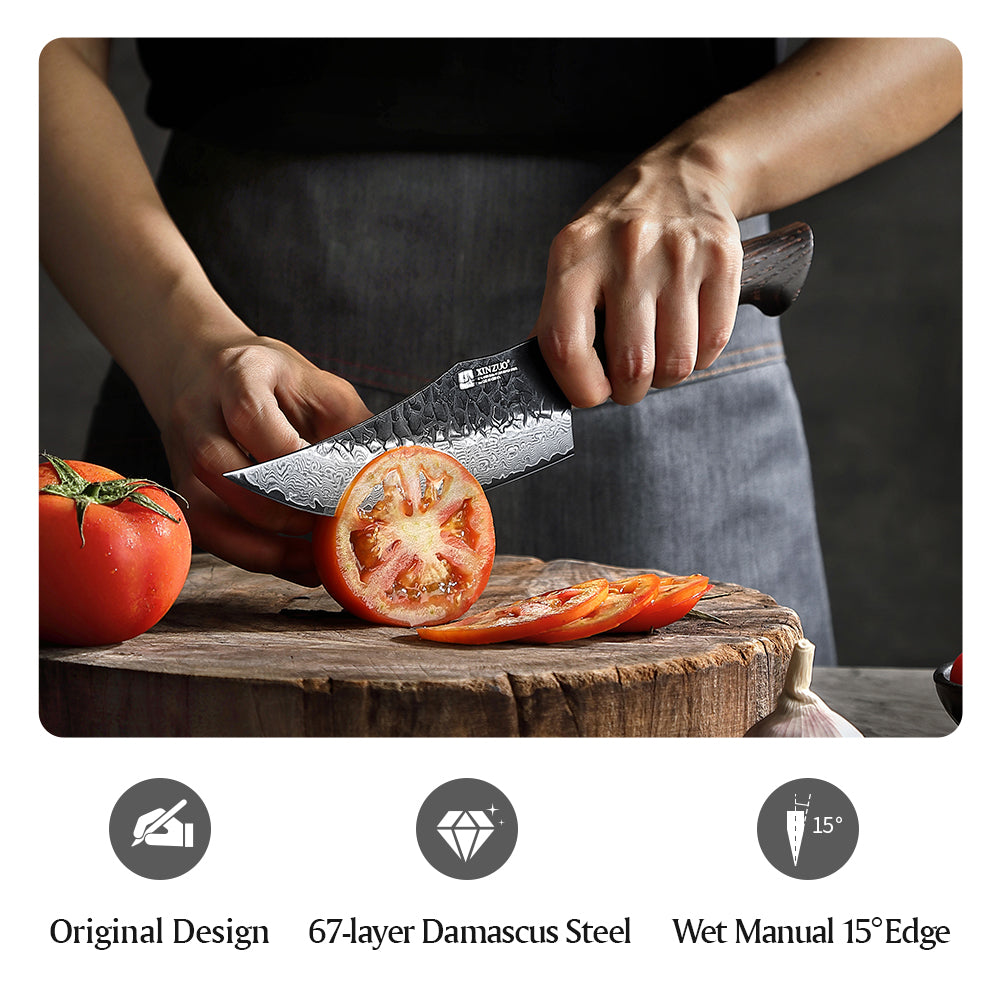 XINZUO 5.9 Inch Viking Knife 67 Layers Damascus Steel with Burnt Oak Handle – Norse-Inspired Tactical & Outdoor Utility Knife