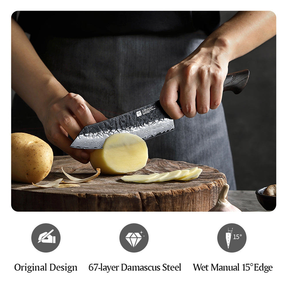 XINZUO 5.7 Inch Santoku Knife 67 Layers Damascus Steel with Burnt Oak Handle – Precision Japanese Multi-Purpose Chef Knife