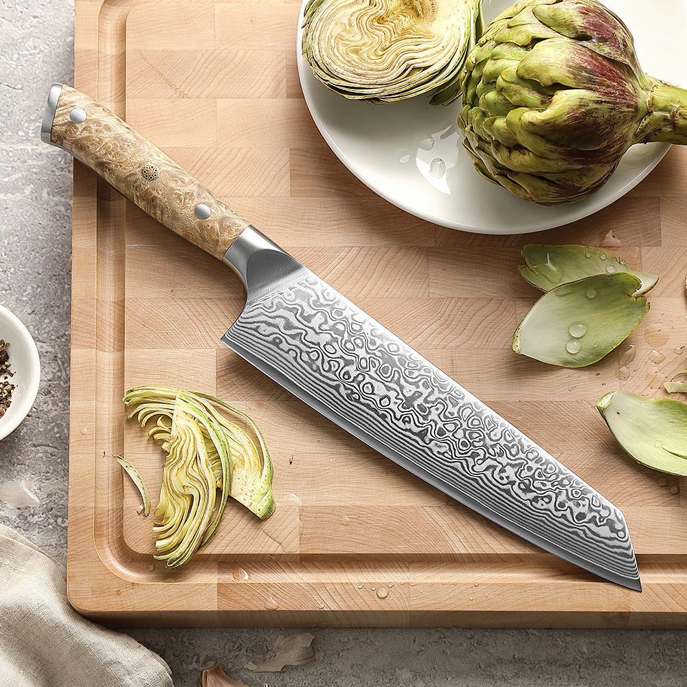 XINZUO 8.3" Bunka Knife 67-Layer Damascus Steel Kitchen Knife 10Cr15CoMoV Steel Core 60±2 HRC Hand-Sharpened 15° Edge Figured Sycamore Wood Handle