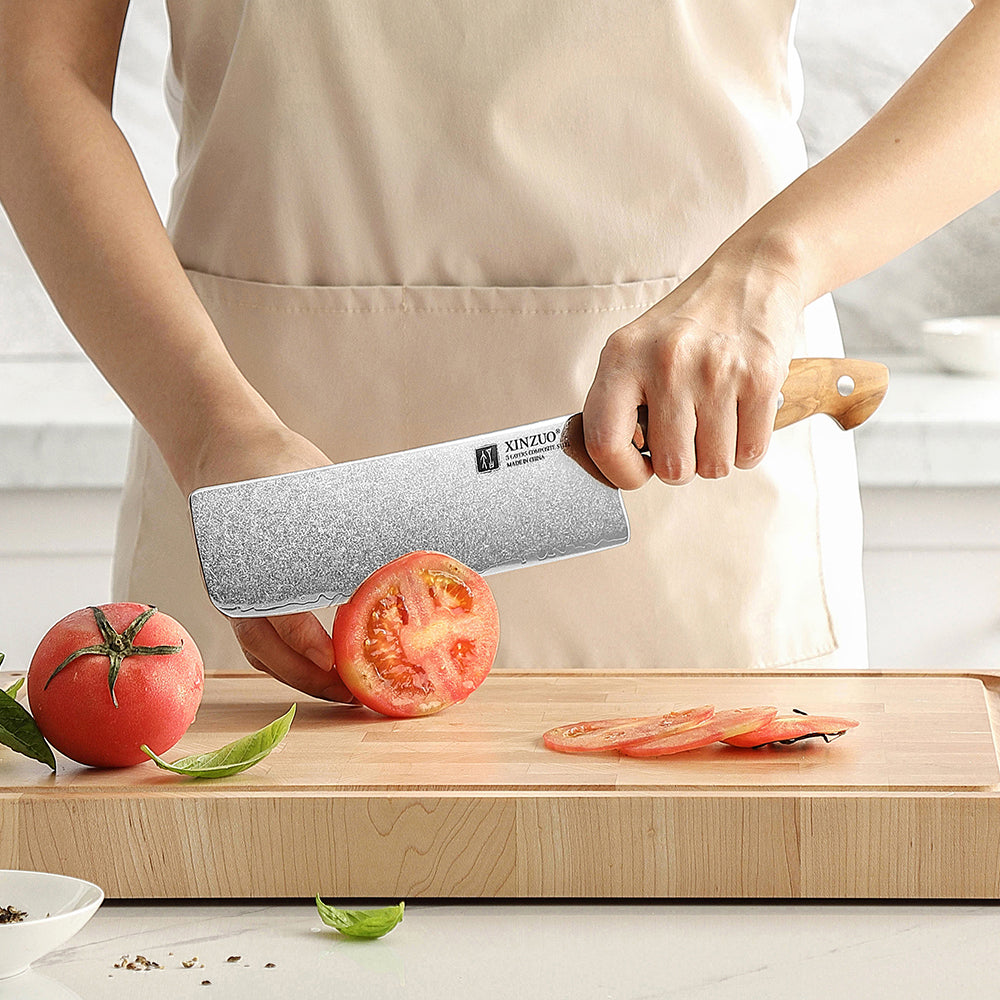 XINZUO Japanese Nakiri Knife - Triple-Layer Composited Steel with Olive Wood Handle, Razor Sharp & Ergonomic Design-PIN Series