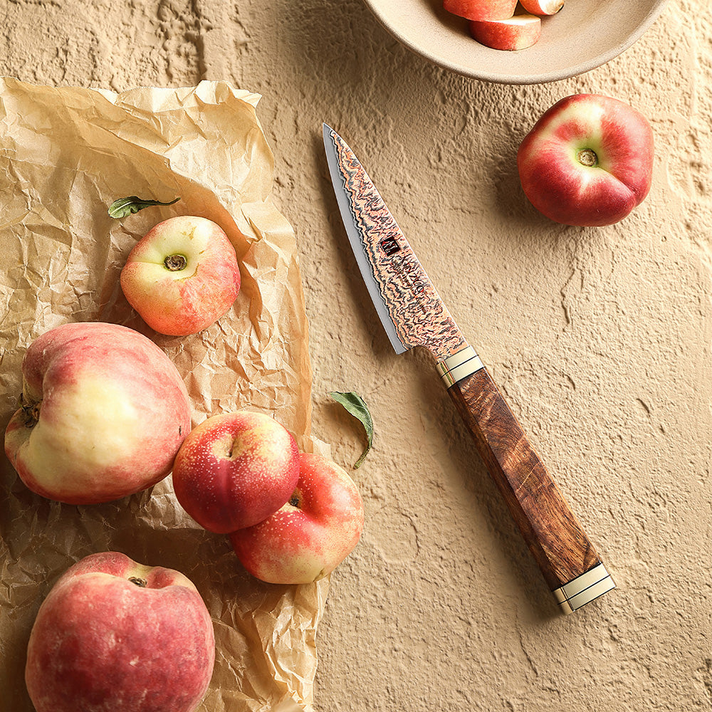 XINZUO 4 Inches Paring Knife, 53-Layer Tri-Color Copper Damascus Steel,Rosewood Handle,Acacia Wooden Gift Box Packing