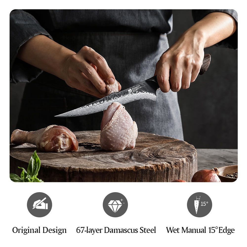 XINZUO 7.5 Inch Flexible Fillet Knife 67 Layers Damascus Steel with Burnt Oak Handle – Precision Fish & Boneless Meat Preparation Tool