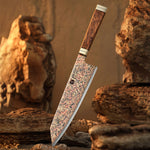 XINZUO 8.3 Inches Kiritsuke Chef Knife, 53-Layer Tri-Color Copper Damascus Steel,Rosewood Handle,Acacia Wooden Gift Box Packing