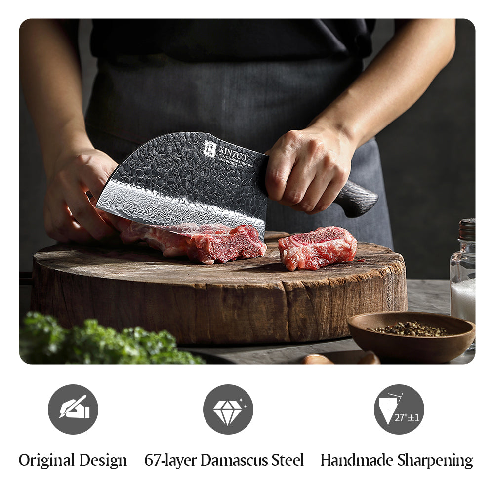 XINZUO 7.3 Inch Heavy Duty Bone Chopping Knife 67 Layers Damascus Steel with Burnt Oak Handle – Professional Butcher & Kitchen Cleaver