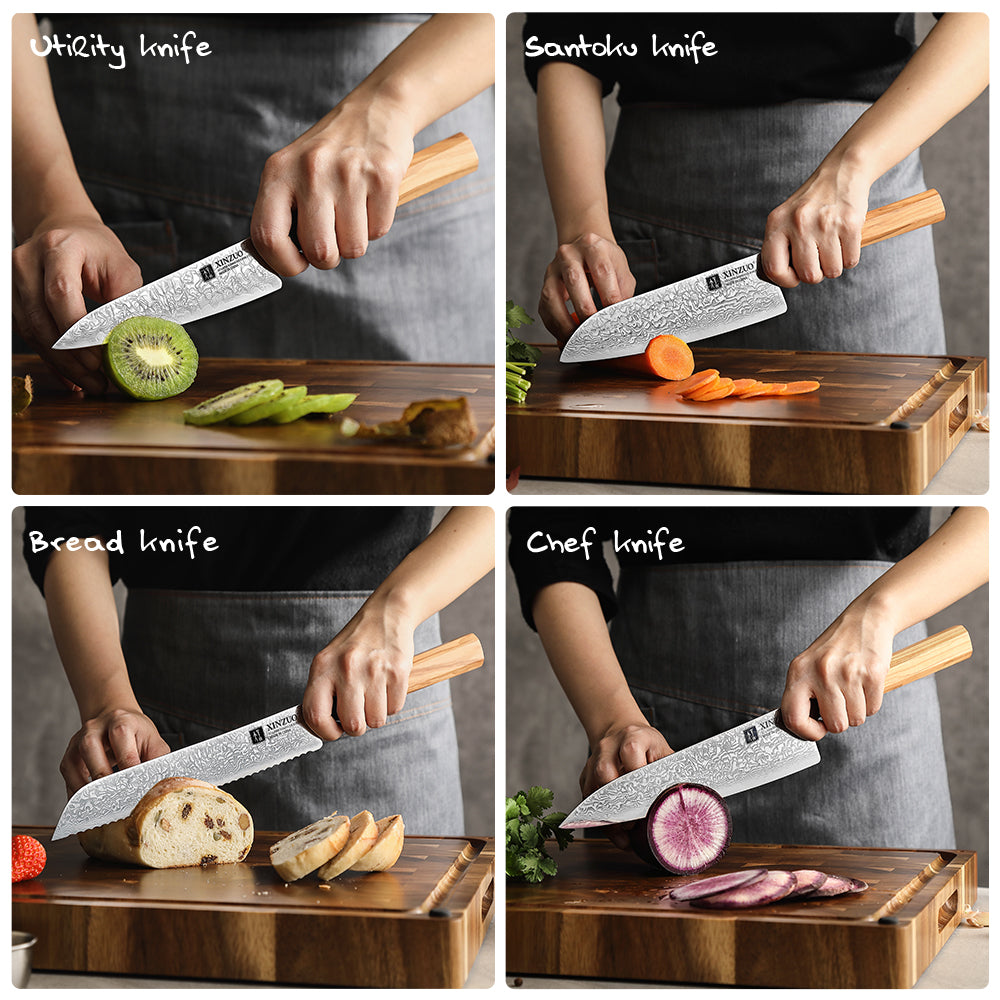 XINZUO 5-Piece Complete Kitchen Knife Set, Custom 67 Layer Damascus Steel Blade,Olive Wood Handle, For Home Daily Food Prep