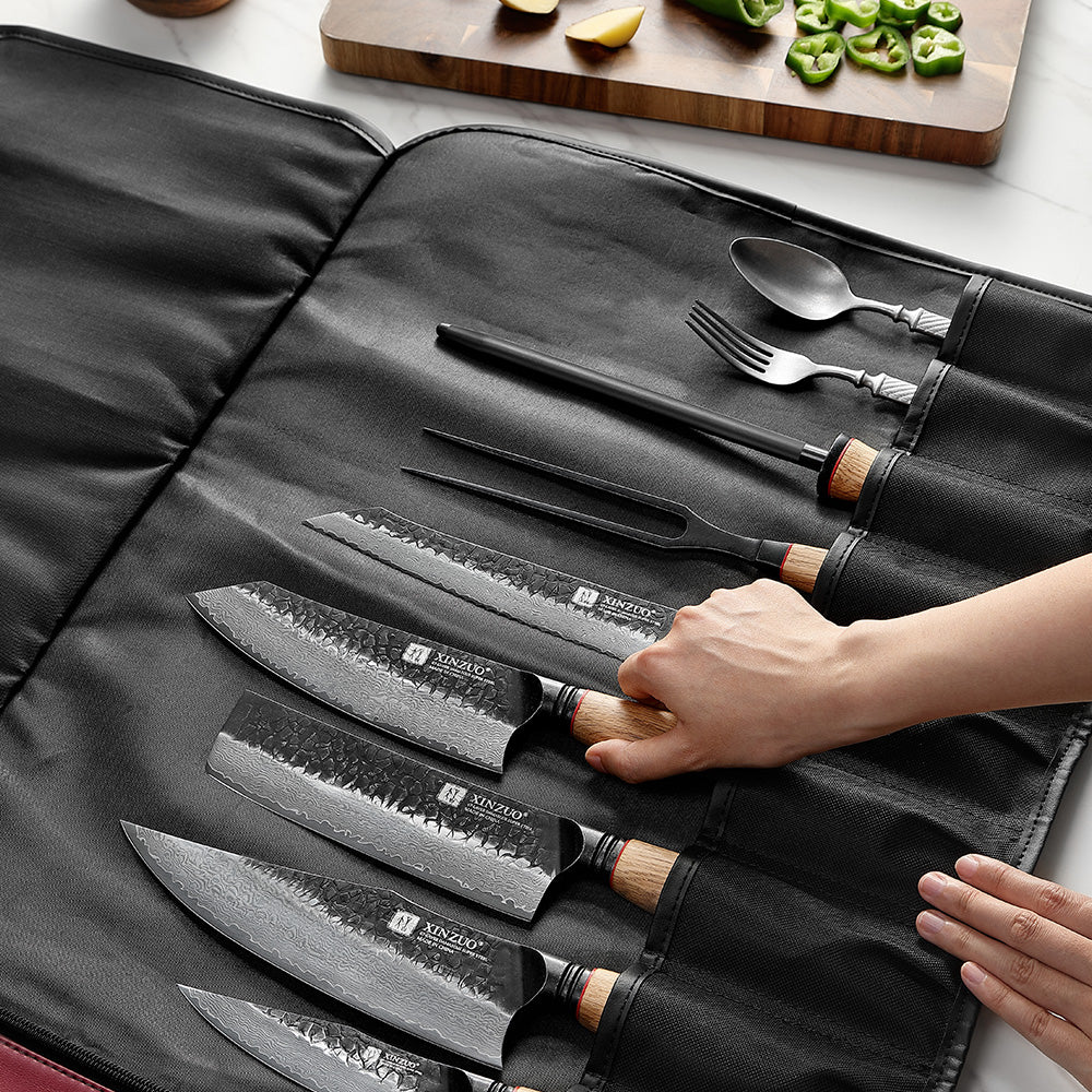 XINZUO Kitchen Knife Roll Bag, Microfiber Leather & Thickened Canvas Knife Storage Wrap with 8 Slots, Portable Wear-resistant Knife Carrier for Professional Chefs Camping Kitchen