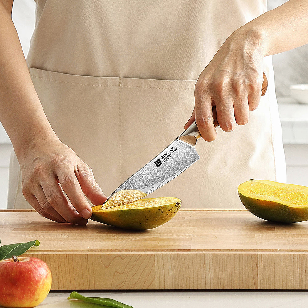 XINZUO 5.3 Inches Kitchen Utility Knife - Triple-Layer Composited Steel with Olive Wood Handle, Razor Sharp & Ergonomic Design-PIN Series