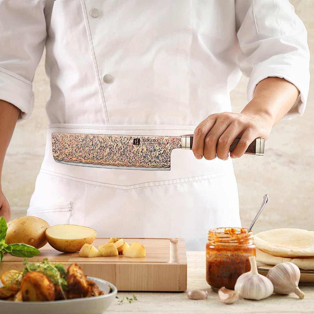 XINZUO 7.2 Inches Nakiri Knife, 53-Layer Tri-Color Copper Damascus Steel,Rosewood Handle,Acacia Wooden Gift Box Packing