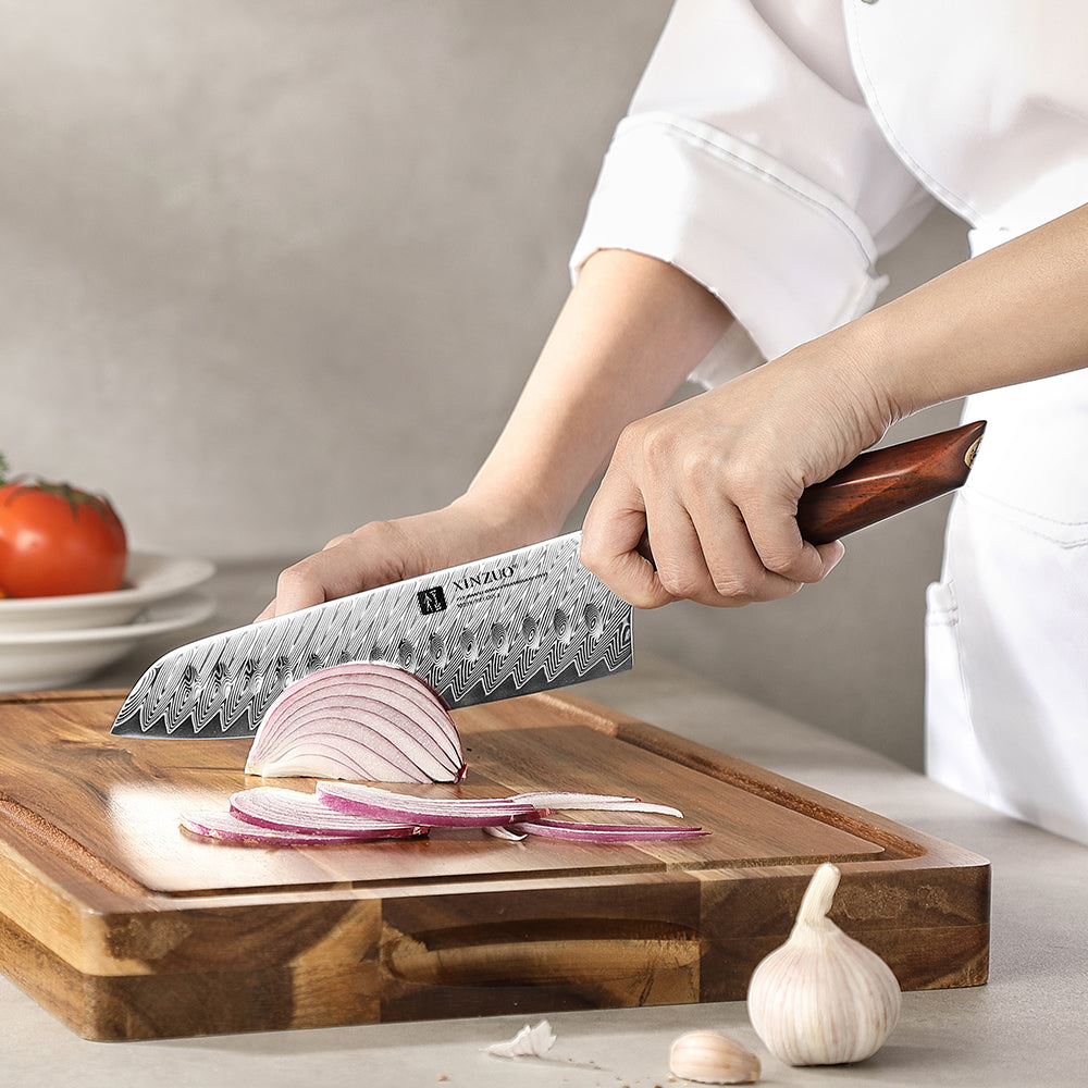 XINZUO Xing Series 7.2 Inches Santoku Knife,73-Layer Damascus – Powder Steel Core (14Cr14MoVNb), Ergonomic Rosewood & Brass Handle, Eco-Friendly Gift Box