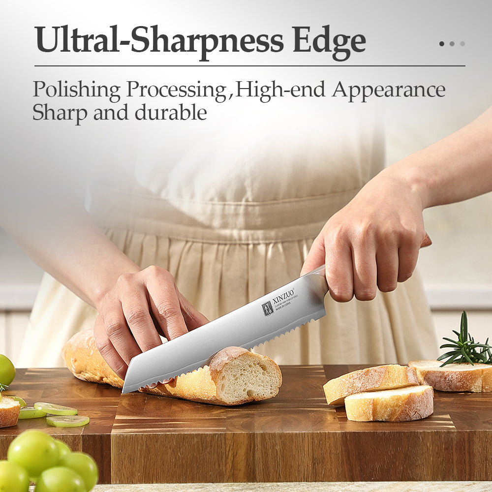 XINZUO 8.2 Inches Bread Knife 3 Layers Composite Steel 440C Steel Core With Nature Red Wood Handle