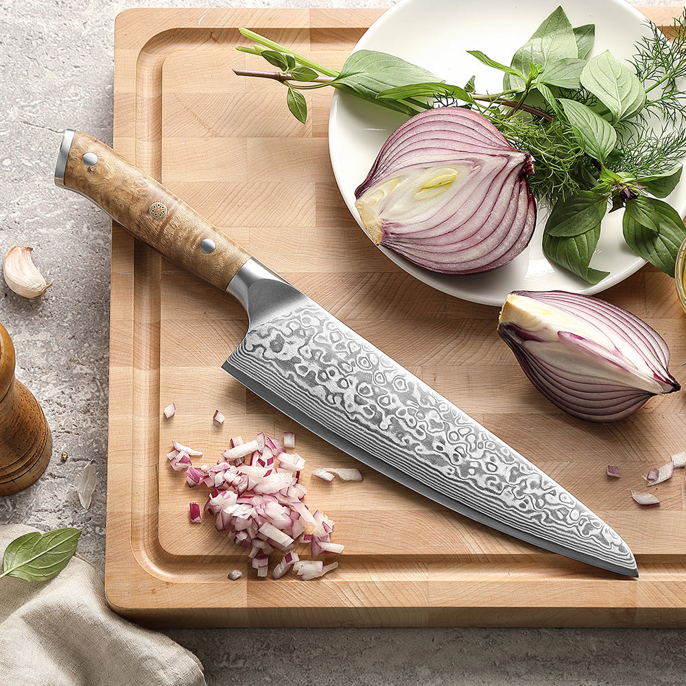 XINZUO 8.3” Chef Knife 67-Layer Damascus Steel 10Cr15CoMoV Core 60±2HRC Handmade with Figured Sycamore Wood Handle