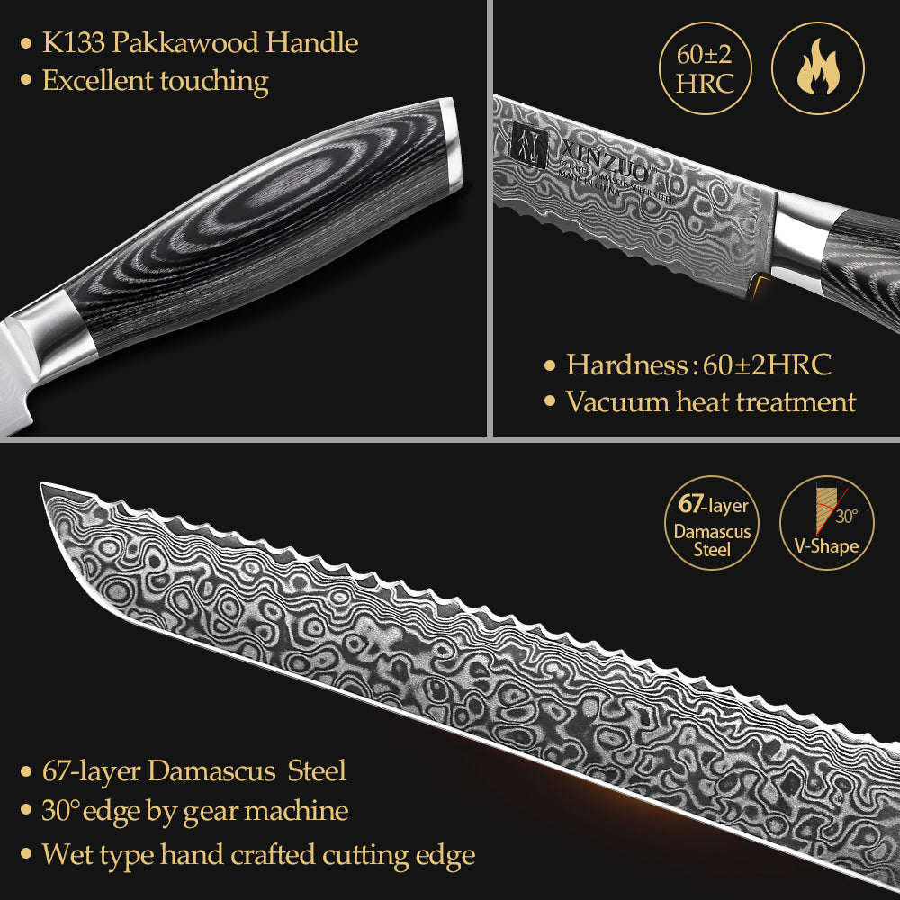 XINZUO 8 Inch 67 Layers Damascus Steel Bread Knife-Ya Series