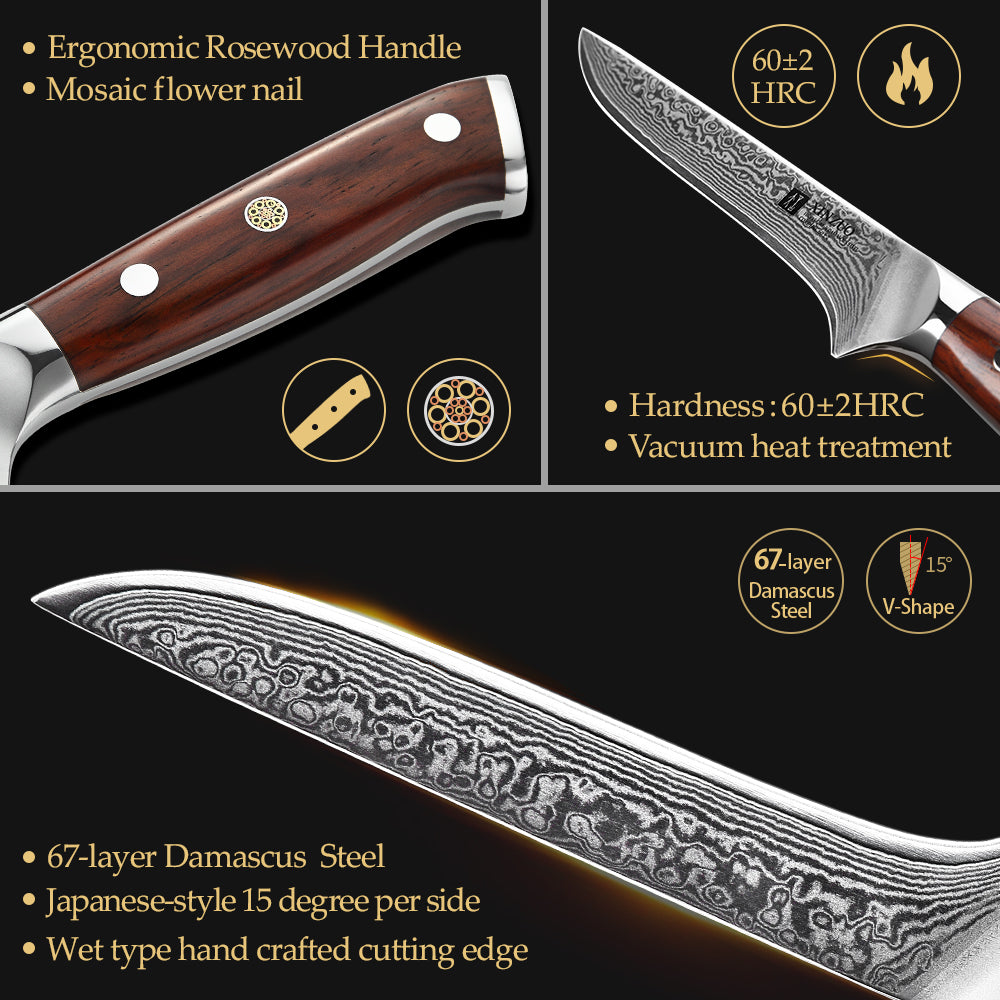 XINZUO 6-Inch Damascus Boning Knife – 67-Layer Damascus Steel & Rosewood Handle | 60±2 HRC