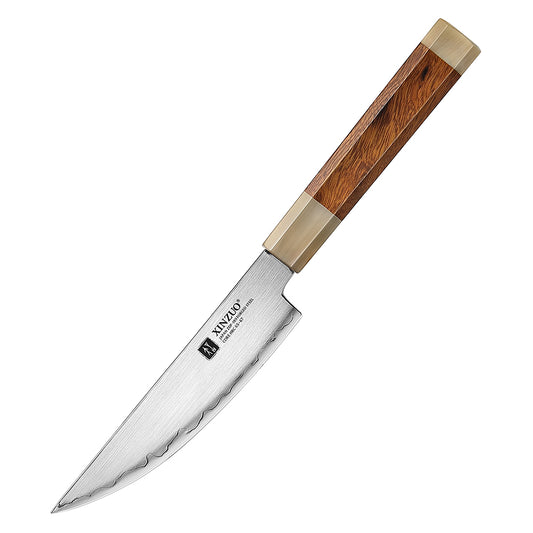 XINZUO Zhen XZ05 Series ZDP-189 Powder Steel Steak Knife 5.5 Inch, Made of Three-layer Composite Steel, Hardness Reaches 65-67HRC, Desert lronwood Octagonal HandIe
