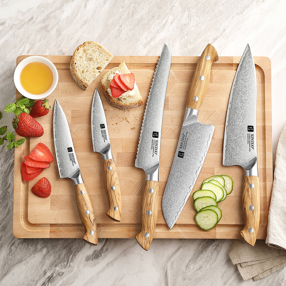 XINZUO 5PCS Kitchen Knife Set - Triple-Layer Composited Steel with Olive Wood Handle, Razor Sharp & Ergonomic Design-PIN Series